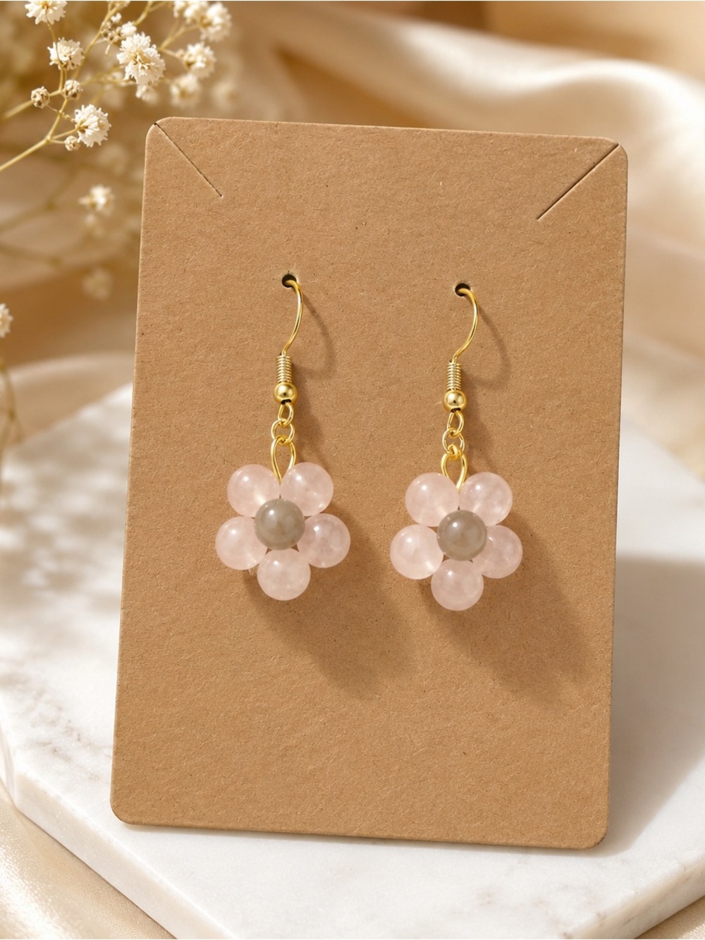 Delicate Pink Flower Bead Drop Earrings - Gold Hooks